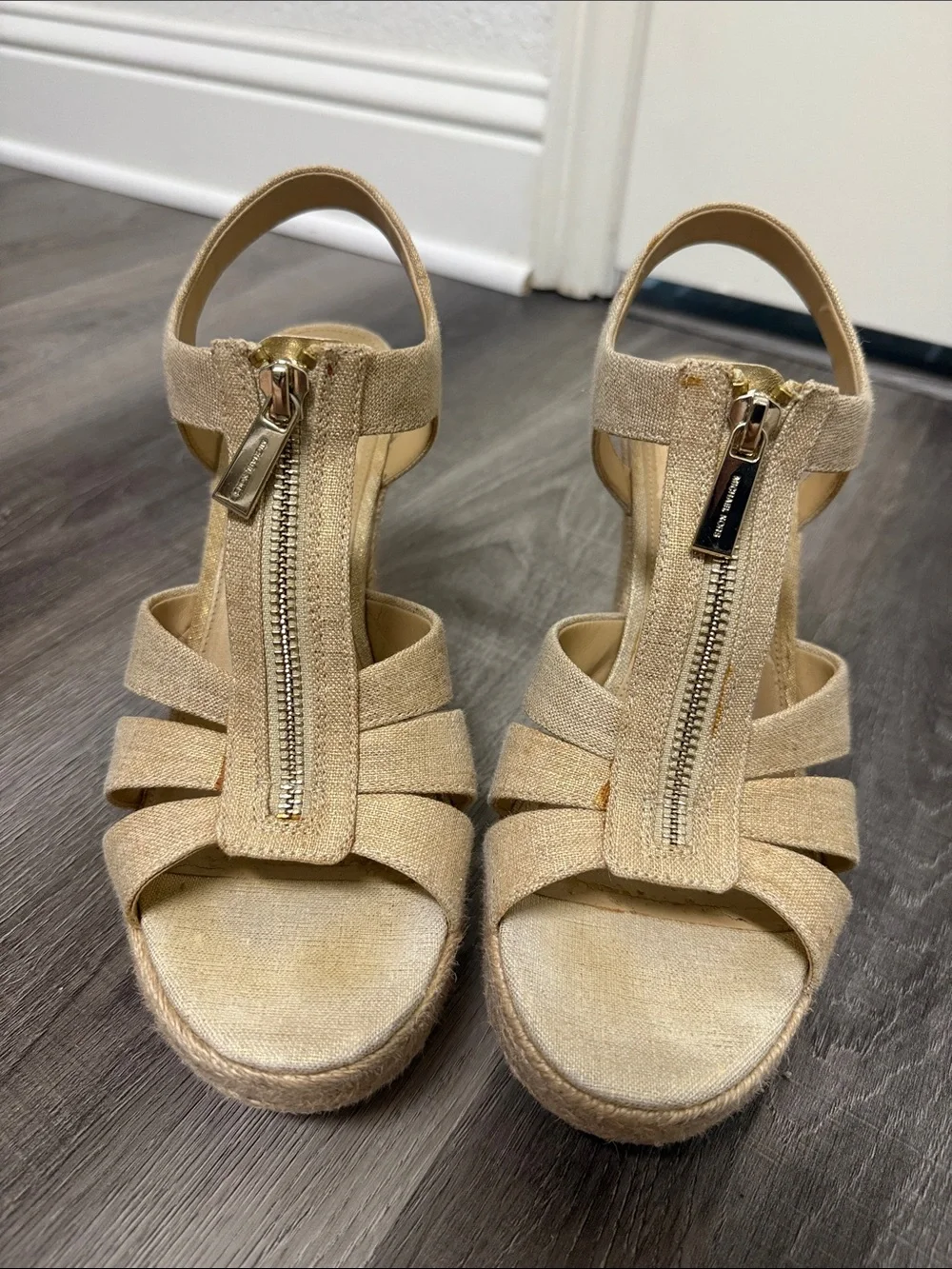 Michael Kors Beige Espadrille Front-Zip Wedge Sandals 8.5